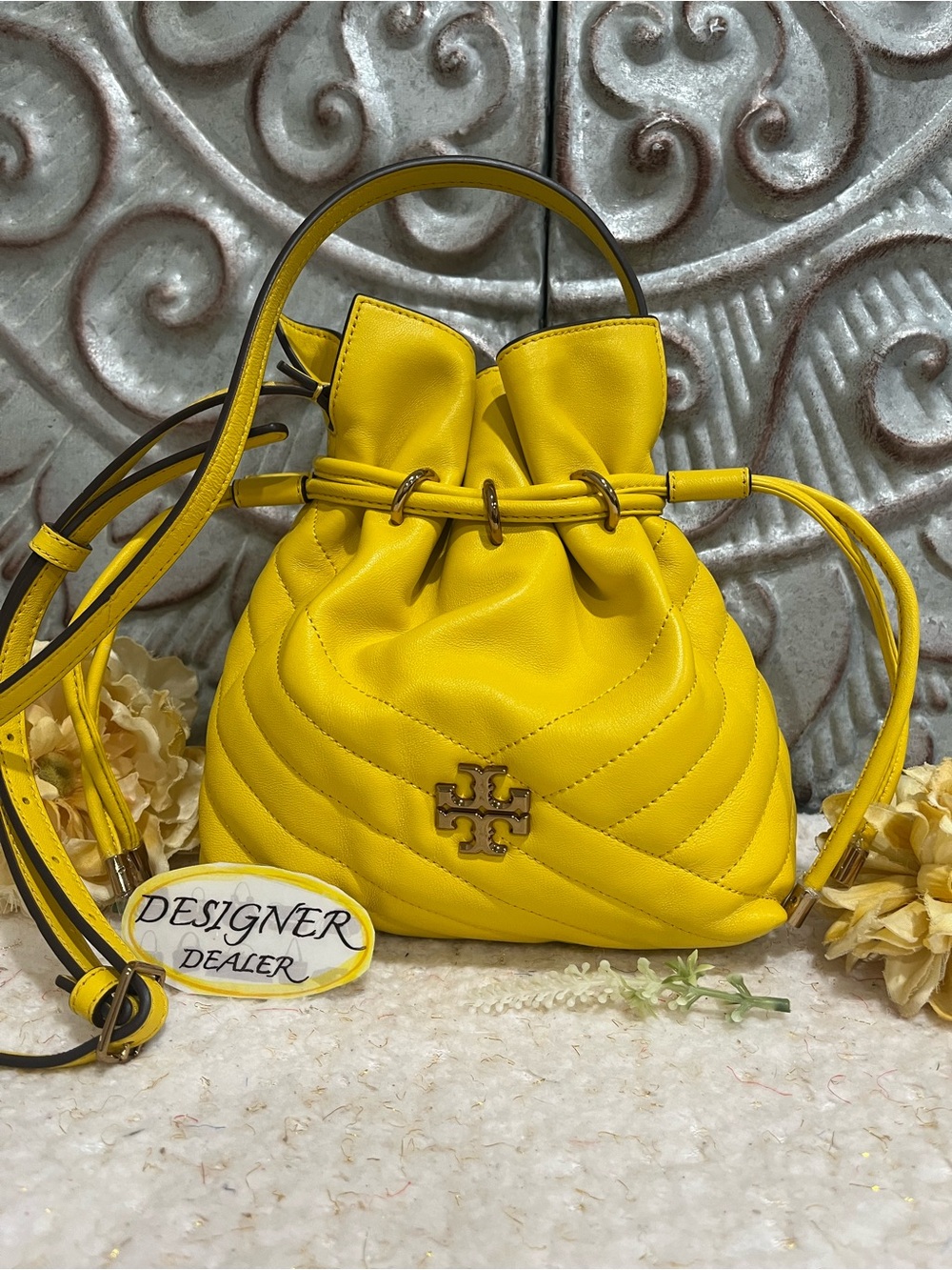 Tory Burch Yellow Kira Chevron Leather Drawstring Crossbody Bag